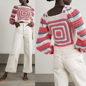Ulla Johnson Beso Cropped Striped Handmade Crochet Sweater Top Sz Small